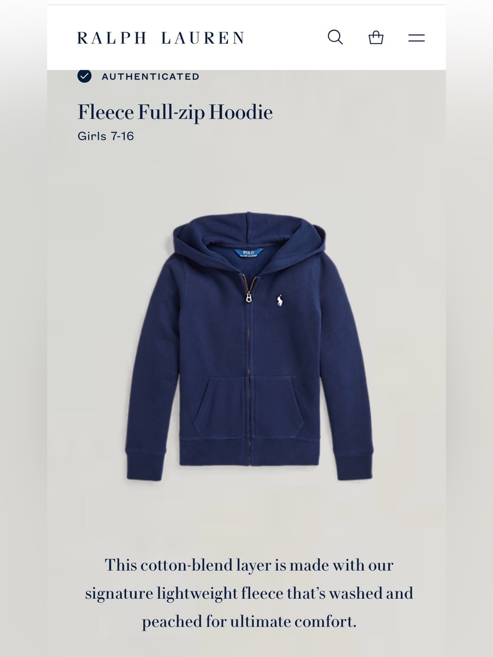 Polo by Ralph Lauren Girls Navy Fleece Filk-Zip Hoodie sz 8-10